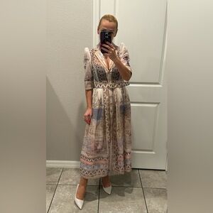 Elegant Vintage-Inspired Printed Midi Dress – Size S